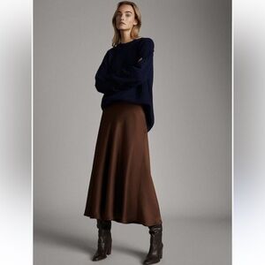 Massimo Dutti Chocolate Brown Satin Midi Skirt